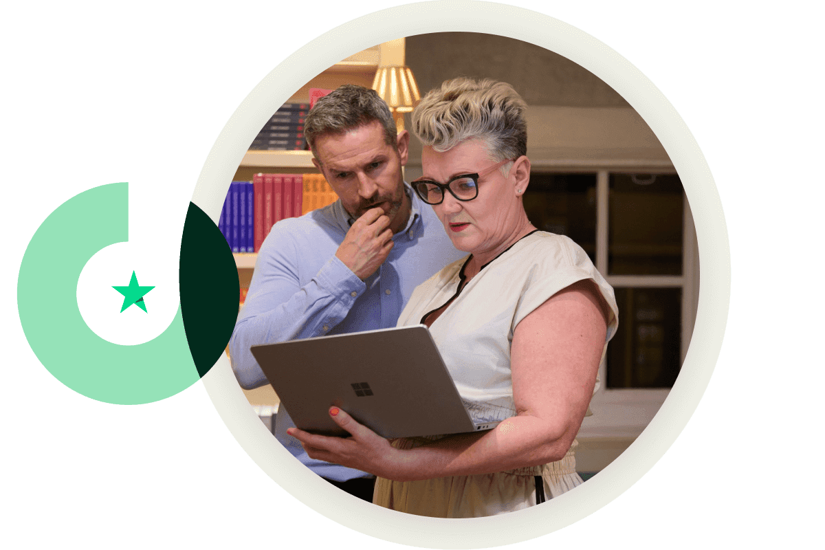 A photo of a man and a woman looking at the screen of a laptop that the woman is holding, overlaid with abstract green circular graphics and a star icon.